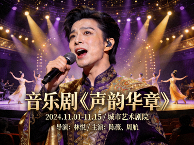 音乐剧海报展示舞台表演与歌手特写，充满艺术气息